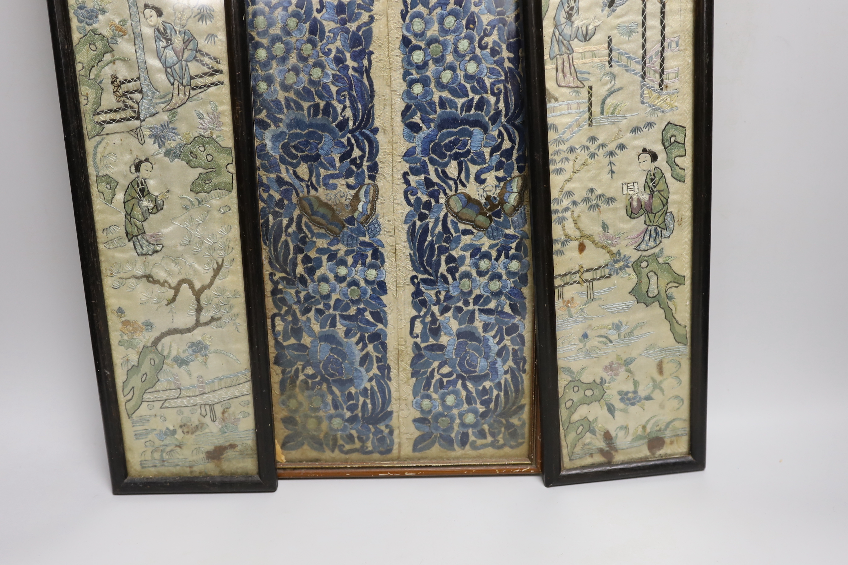 Three Chinese embroidered silk panels